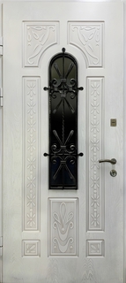 Белая термодверь МДФ с накладной черной ковкой и стеклопакетом