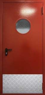 Стальная огнеустойчивая дверь с круглым стеклом и отбойником (порошковое покрытие красного цвета) Стальная огнеустойчивая дверь с круглым стеклом и отбойником (порошковое покрытие красного цвета)