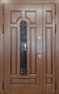 Стальная полуторная термодверь МДФ шпон с узкой решеткой и стеклопакетом