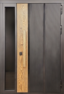 Металлическая термодверь с боковой остекленной вставкой и бугельной ручкой (МДФ RAL + шпон)