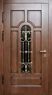 Утепленная термодверь МДФ со шпоном (кованая решетка и стеклопакет) Утепленная термодверь МДФ со шпоном (кованая решетка и стеклопакет)
