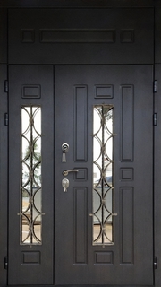 Полуторная термодверь МДФ со стеклопакетами, ковкой и верхней вставкой