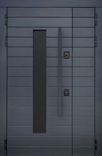Стальная полуторная термодверь со стеклопакетом и бугельной ручкой (серые панели МДФ RAL) Стальная полуторная термодверь со стеклопакетом и бугельной ручкой (серые панели МДФ RAL)